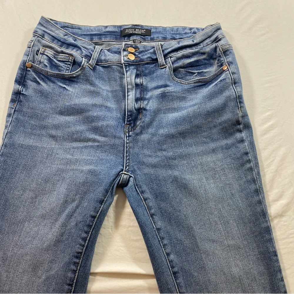 Judy Blue Flare Wide Leg Blue Jeans with Distressed Hem women 13-31 Boho - Picture 4 of 10
